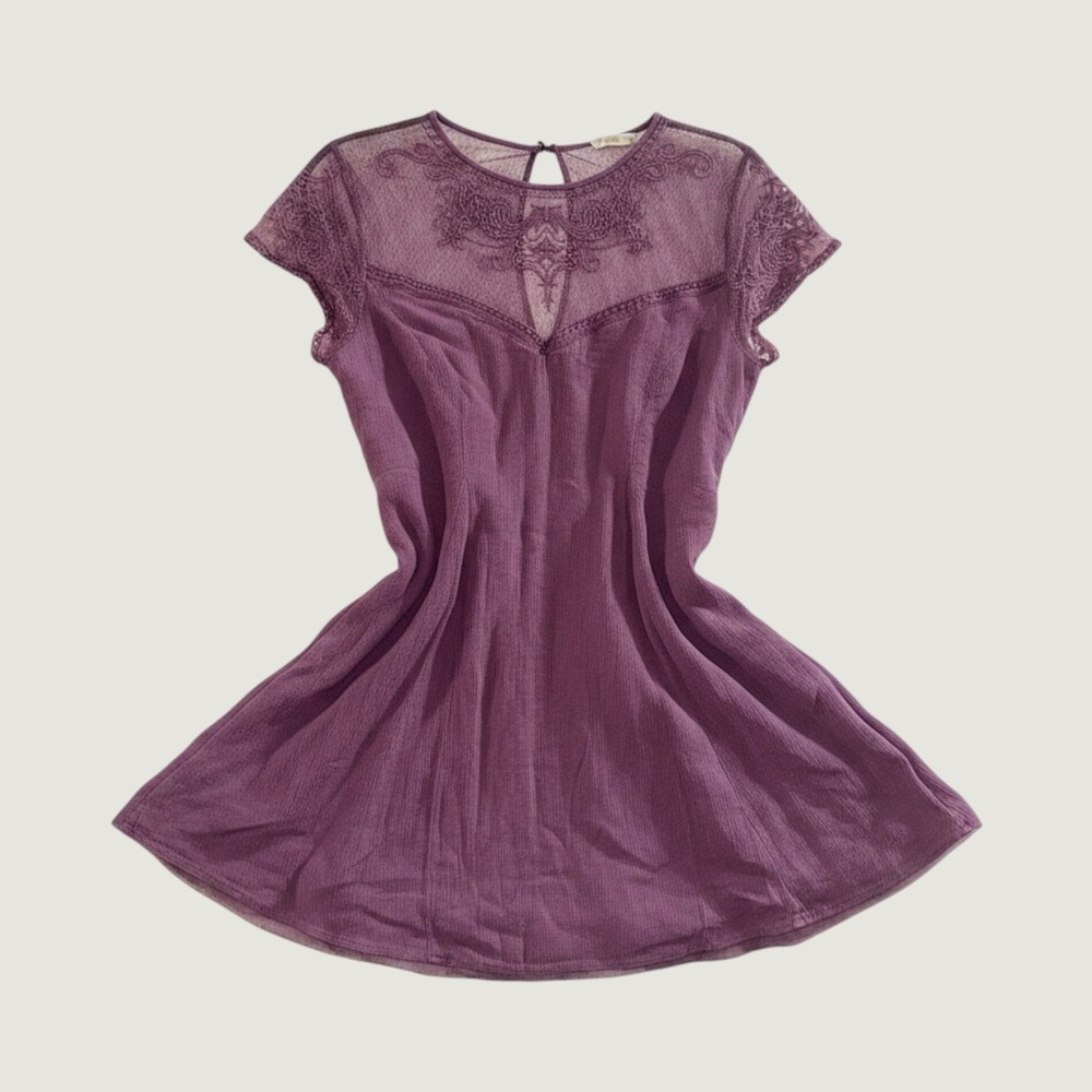 Altar'd‎ State Faith Mesh Embroidered Mini Dress Plum Purple Boho Short Sleeve L